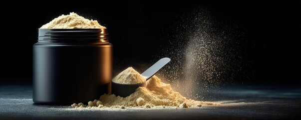 Protein powder jar with a scoop and spilling powder in a dark studio shot, ideal for fitness and health concepts.