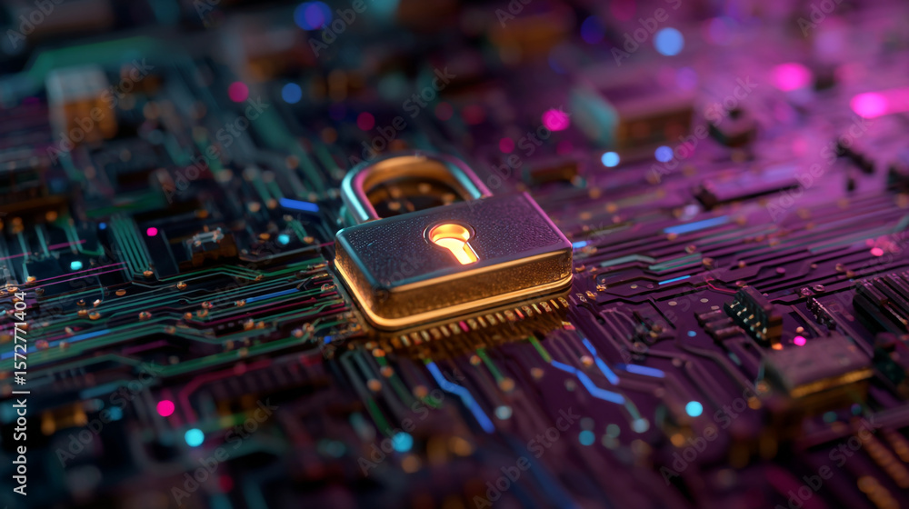 Poster a golden padlock resting on a circuit board with colorful lights and a purple background glow effect