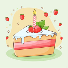 Hand drawn piece of strawberry cake with candle. Whimsical doodle dessert illustration. Coquette bakery item. Line art sweet pastry food. Vector ...