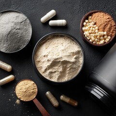 A top-down view showcases an assortment of health supplements, including powders and capsules, on a dark backdrop.