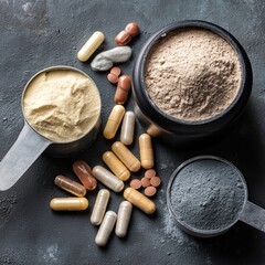 Assortment of nutritional supplements, protein powder, and pills on a dark surface.