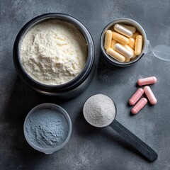 Assortment of supplements featuring protein powder, capsules, and scoops for health and fitness.