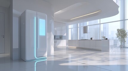 A sleek, modern kitchen showcases a smart refrigerator with a stunning city view.