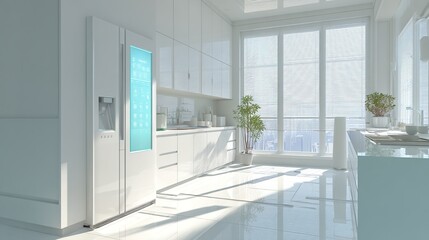 A modern and bright kitchen with a smart refrigerator and city views.