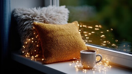 Warm cup of coffee on a windowsill with cozy pillow and string lights in soft natural light.