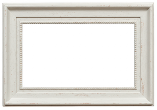 A white wooden picture frame with a beaded inner border provides an empty space for artwork isolated on transparent background