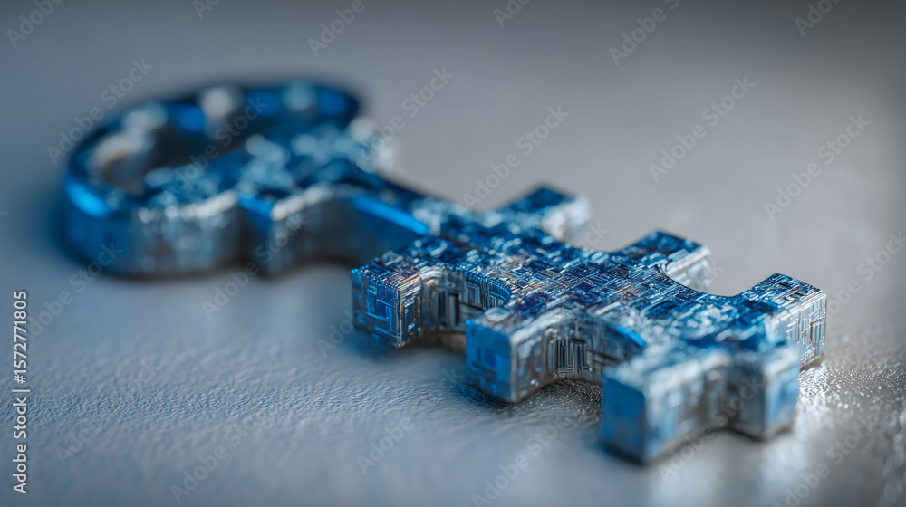 Poster close up of two puzzle pieces with circuit board design on a textured surface in blue tones