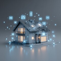 Smart home concept with glowing icons, illustrating connectivity and technology.