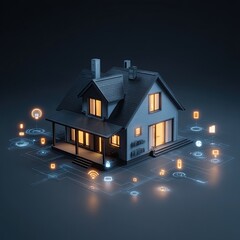 A conceptual rendering of a smart home with integrated technology and digital interfaces.