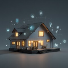 Smart home concept: a modern house with digital automation icons.