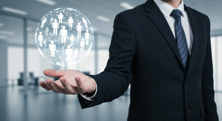 Businessman Holding Digital Network Sphere of People – Global Human Resources, Leadership, Communication and Recruitment Concept