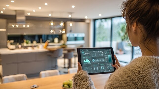 A woman controls her smart home features using a tablet in a modern kitchen setting.