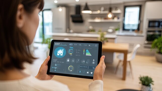 Woman uses a tablet to manage smart home features in her modern kitchen