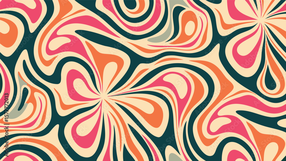 Poster abstract psychedelic pattern with swirling shapes in orange pink and dark teal colors creating a gro
