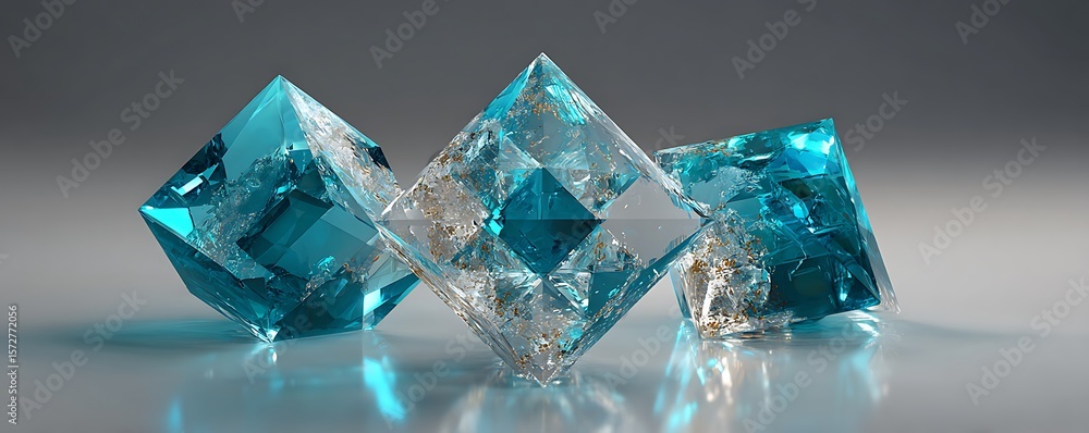 Aufkleber three translucent turquoise diamond shaped objects on a shiny surface in a studio setting