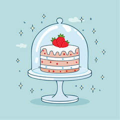 Hand drawn strawberry cake on a stand with glass dome. Whimsical doodle dessert illustration. Coquette bakery item. Line art sweet pastry food. Vector ...