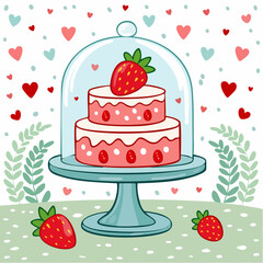 Hand drawn strawberry cake on a stand with glass dome. Whimsical doodle dessert illustration. Coquette bakery item. Line art sweet pastry food. Vector ...
