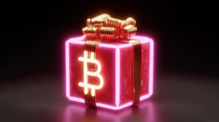 Close-up of a glowing gift box topped with an illuminated golden Bitcoin symbol on a dark background.