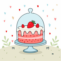 Hand drawn strawberry cake on a stand with glass dome. Whimsical doodle dessert illustration. Coquette bakery item. Line art sweet pastry food. Vector ...