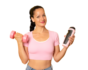 Young sportswoman holding a dumbbell and water isolated over transparent background. PNG.