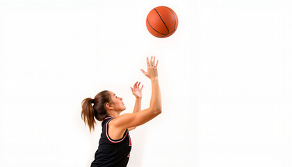 Female athlete shooting basketball with focus on white background  