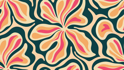 Abstract floral pattern with wavy shapes in pink orange and cream on a dark teal background