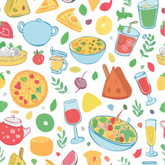 Seamless vector banner with hand drawn whimsical illustrations of food and drinks. Background with doodle drawings of italian and french food, cocktails, flowers and decor. Coquette line art pattern