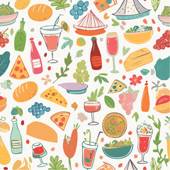 Seamless vector banner with hand drawn whimsical illustrations of food and drinks. Background with doodle drawings of italian and french food, cocktails, flowers and decor. Coquette line art pattern