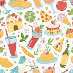 Seamless vector banner with hand drawn whimsical illustrations of food and drinks. Background with doodle drawings of italian and french food, cocktails, flowers and decor. Coquette line art pattern