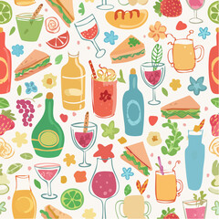 Seamless vector banner with hand drawn whimsical illustrations of food and drinks. Background with doodle drawings of italian and french food, cocktails, flowers and decor. Coquette line art pattern