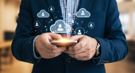 Businessman Using Smartphone with Cloud Network and User Icons – Cloud Computing, Data Storage, and Digital Communication Technology Concept