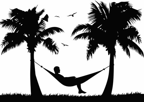 Serene hammock lounging silhouette - peaceful moment of relaxation and solitude perfect for chill lifestyle, wellness, and beach retreat designs.