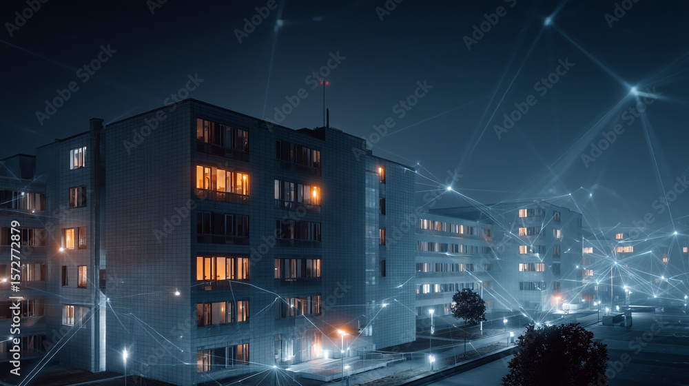 Poster a nighttime view of apartments with glowing windows and network connection lines overlaying the scen