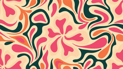 Abstract floral pattern with swirling shapes in green pink and orange on a beige background creating a retro vibe