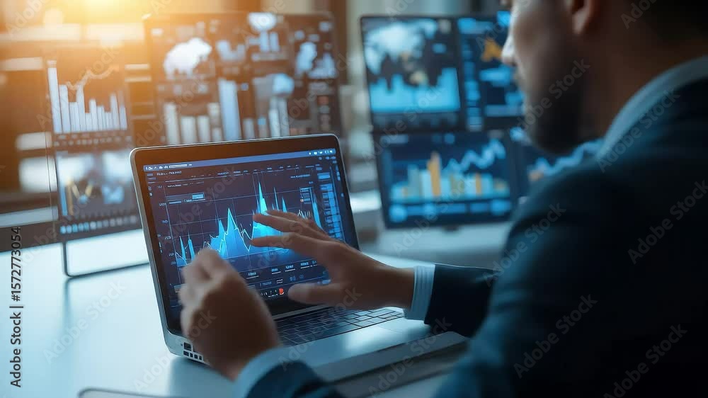 Poster analyzing financial data on laptop with multiple screens in modern office