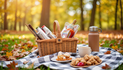 Picnic basket with food and drinks on blanket in autumn forest  