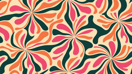 Abstract floral pattern with swirling shapes in pink orange and dark green on a light background
