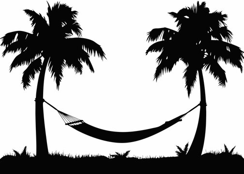 Relaxed hammock scene under palms - a peaceful silhouette for beach holidays, island life, tropical living, and rest and relaxation merchandise.