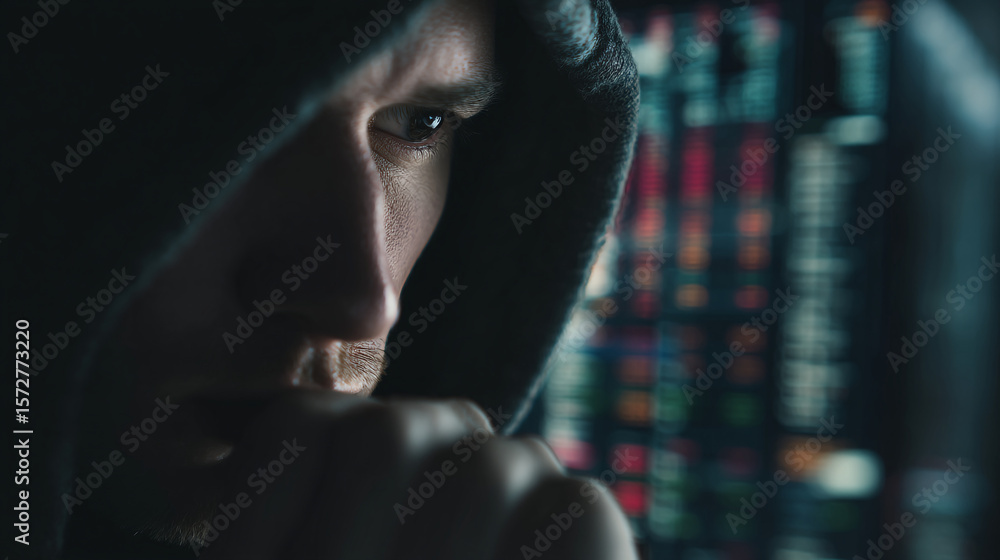 Poster close up of a person in a hoodie looking at a screen with colorful lights in a dark environment
