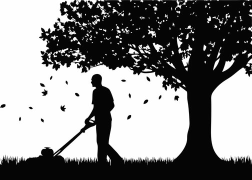 Man cutting grass in the shade of a tree - ideal for stickers about home life, lawn care, gardening routines, and outdoor task themes.