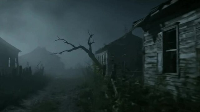 Creepy Empty Village at Night with Fog and Silence