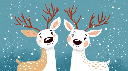 Two deer standing on a snowy landscape with soft daylight and a blurred winter background.