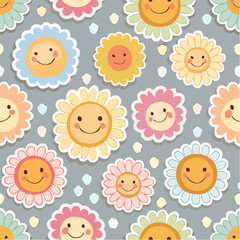 Seamless vector pattern with happy flower stickers. Cute daisy with smiling face on background. Positive groovy graphic for wallpaper, wrapping paper, ...