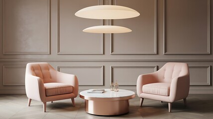 Elegant pink armchairs and coffee table in a modern living room marble