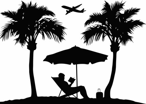 Silhouette of person lounging on a beach chair - relaxed summer vibe perfect for vacation, tropical freedom, and seaside relaxation sticker scenes.