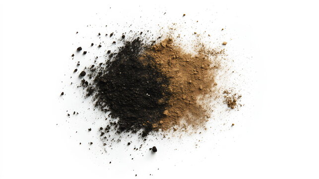 Different types of soil displayed side by side on a white background showcasing texture and color variations