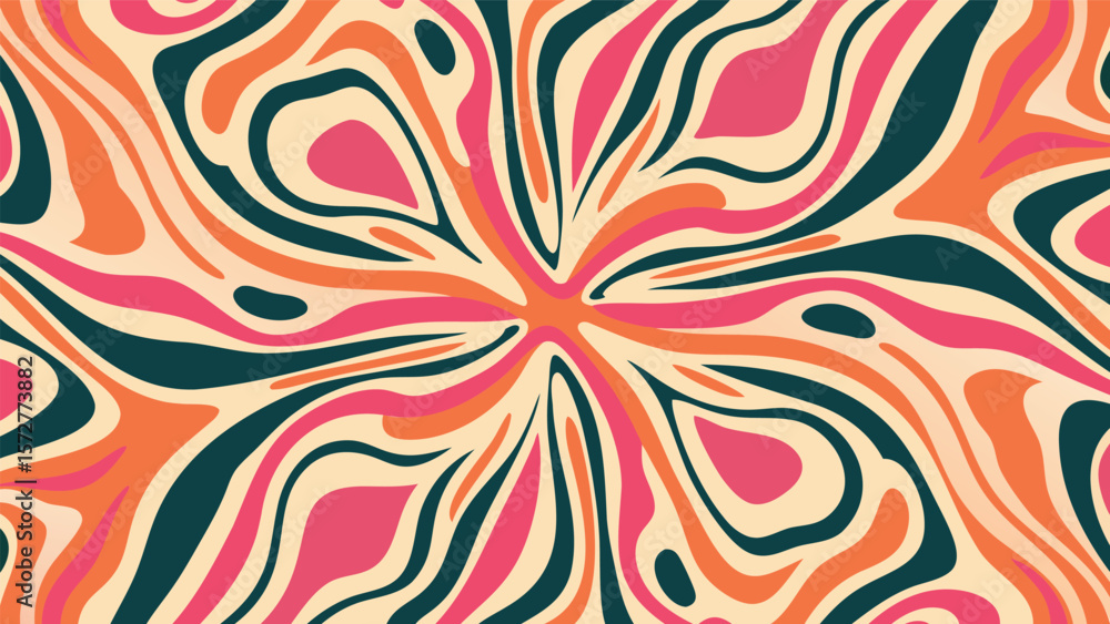 Poster retro style abstract pattern with curved shapes in pink orange and dark green on a beige background
