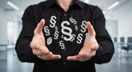 Businessman in Black Shirt Holding Floating Paragraph Law Symbols in Modern Office, Legal Concept of Regulation, Compliance, and Data Privacy