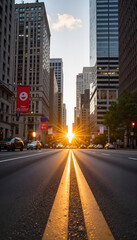Obraz premium Urban street at sunset with sunlight shining between buildings 