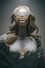 Modern female sculpture. Stone statue wearing sunglasses. Marble texture. Sculpture made of marble. Delicate and elegant sculpture. AI generated.